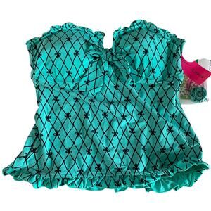 BETSEY‎ JOHNSON Tankini LG Peplum Open Back Bow Print Optional Straps Swim Top